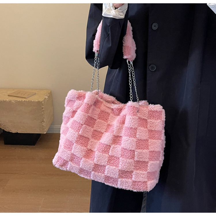 Women's Large-Capacity Plush Handbag | Trendy Quilted Chain Shoulder Bag with Patchwork Design