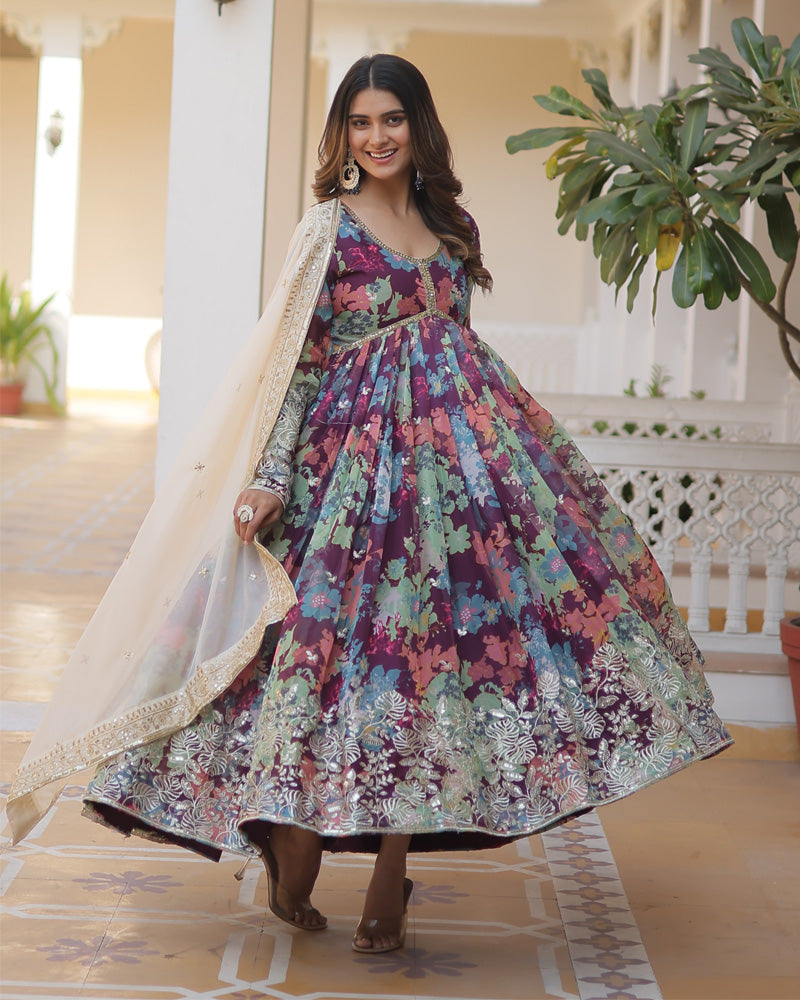 Wedding Wear Floral Embroidered Wine Color Alia Cut Gown With Dupatta  - By Qivii