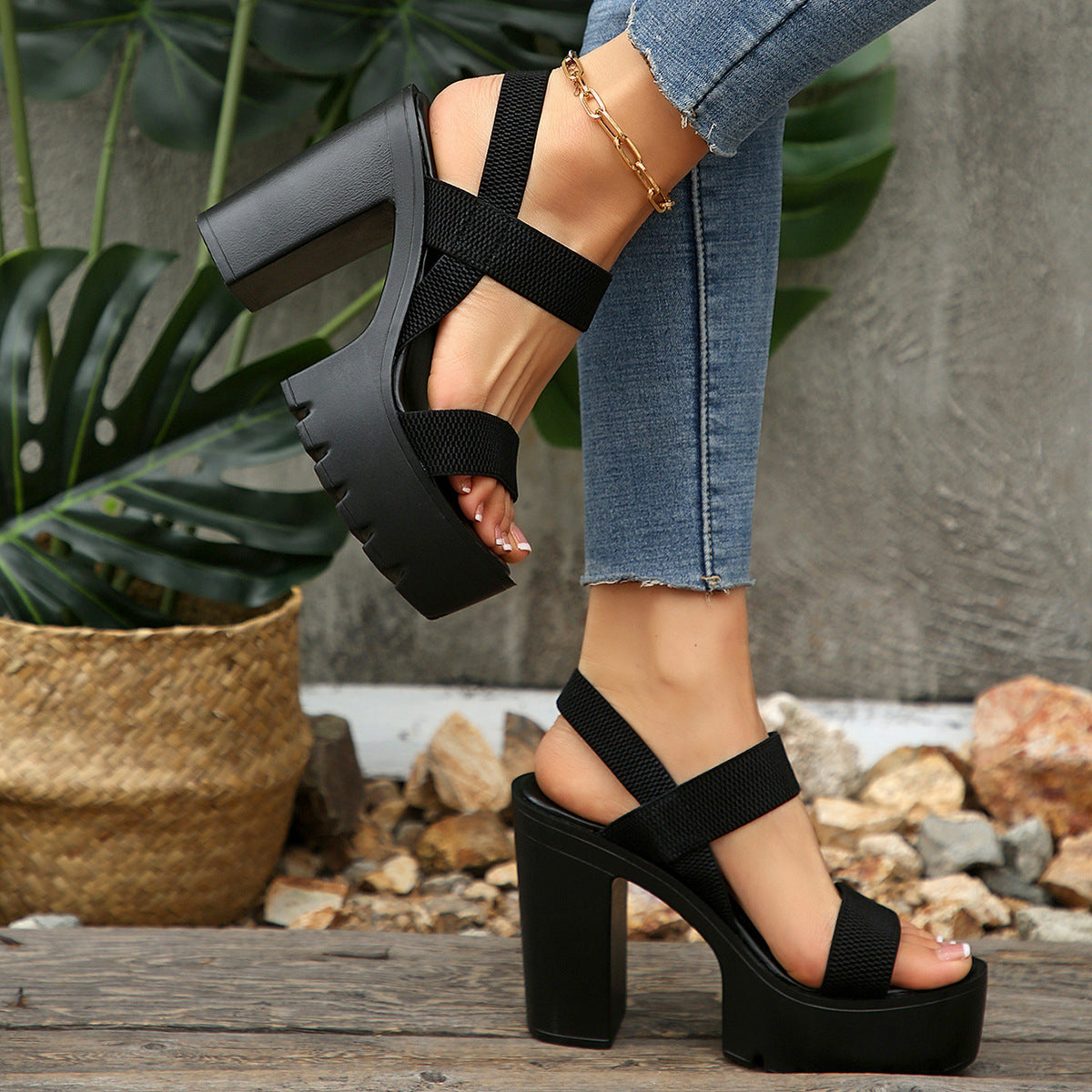Women's Aveline One-Band Ultra-High Chunky Platform Slide Sandals – Elastic Back Strap Slip-On Heels (US 4–10.5)
