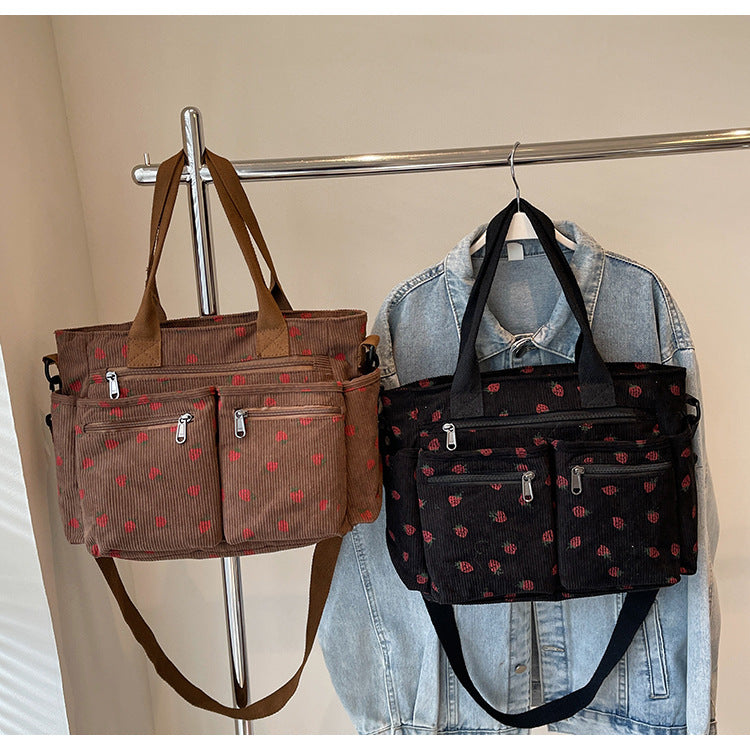 Women's Corduroy Cherry Print Tote Bag – Versatile Women's Strawberry Shoulder & Crossbody Large Capacity Mommy Bag