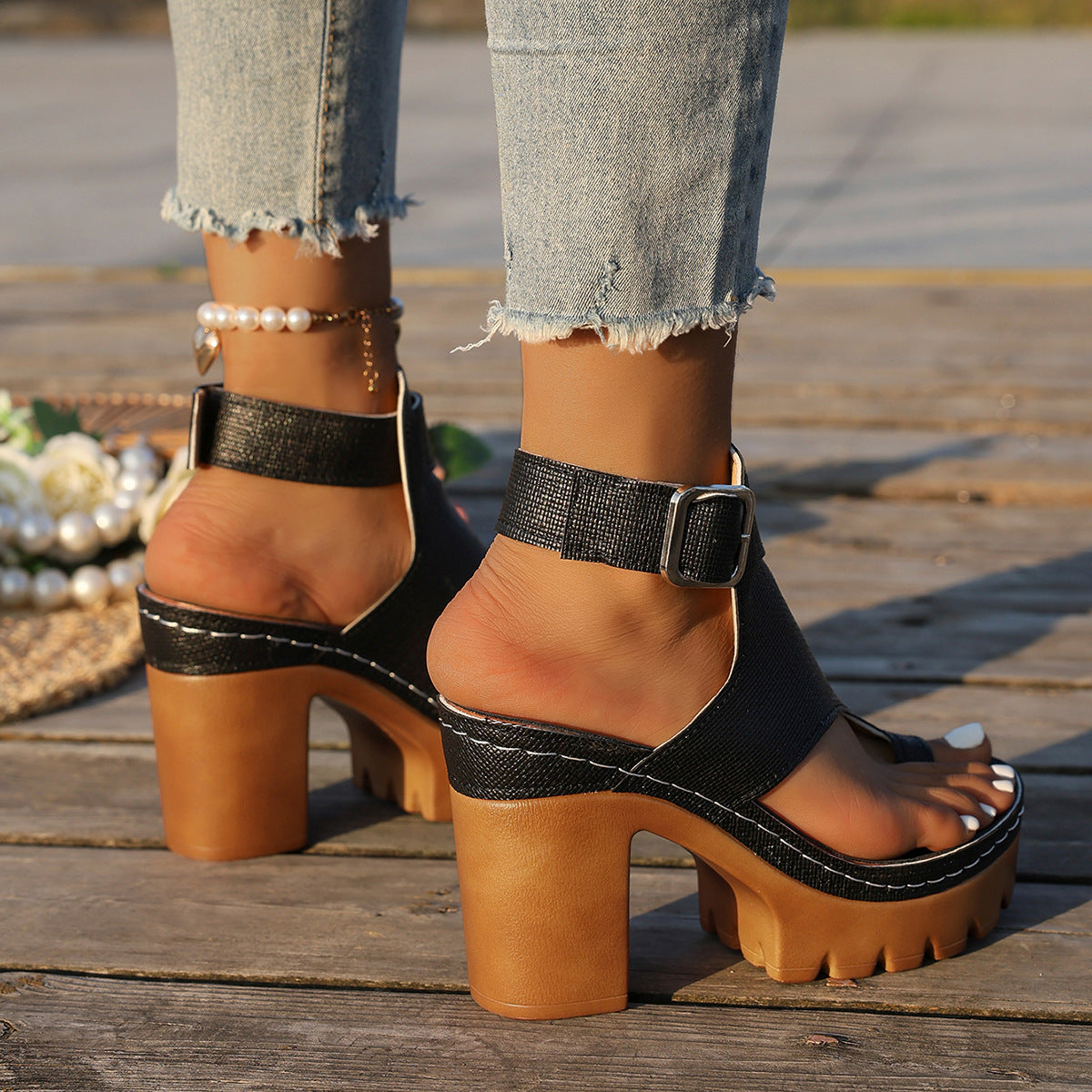 Women's Capri Peep-Toe Toe Ring Platform Chunky Sandals – Buckle Strap Ultra-High Heel Beach Slides (US 5–10.5)