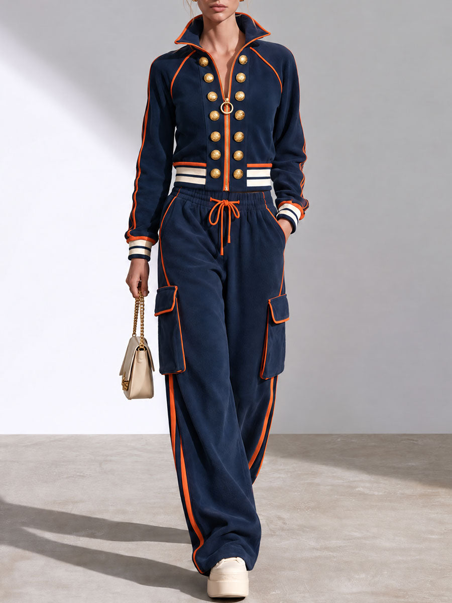 Sporty Retro Double-breasted Decorative Button-down Blue Jacket And Trousers Set  - By Qivii