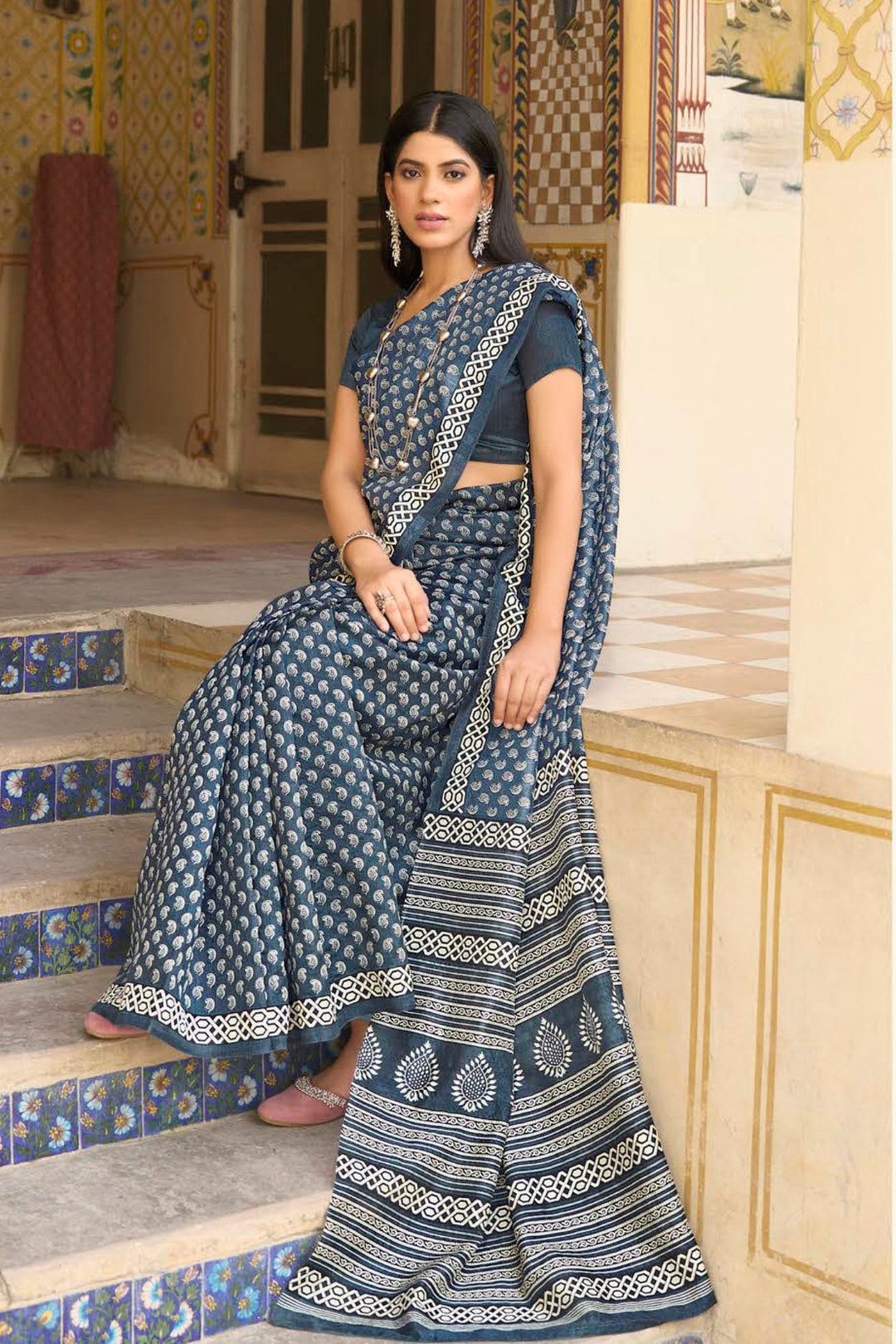 Deep Space Blue Handblock Printed Saree