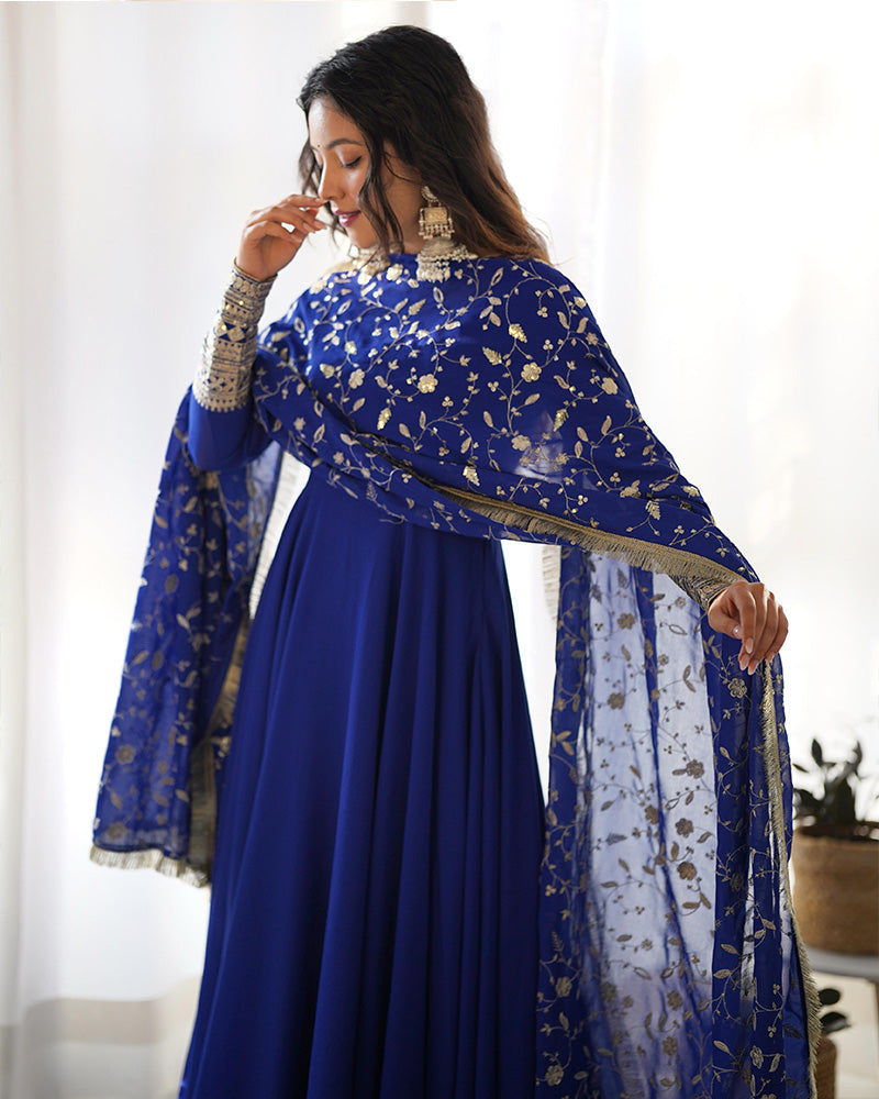 Royal blue soft georgette anarkali suit with heavy embroidery work dupatta by Qivii, perfect for special occasions and events