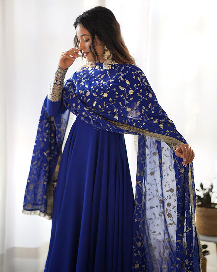 Royal Blue Color Soft Georgette With Heavy Embroidery Work Dupatta Anarkali Suit  - By Qivii