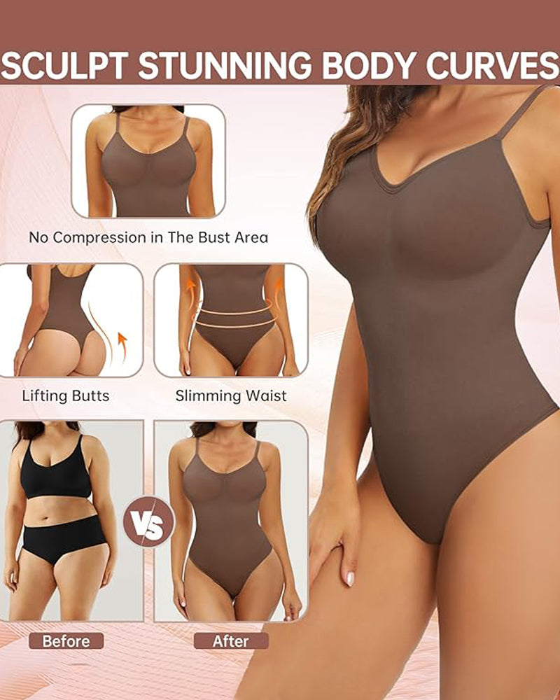 Seamless Round Neck Tummy Control Thong Tank Top Body Shaper Bodysuits  - By Qivii
