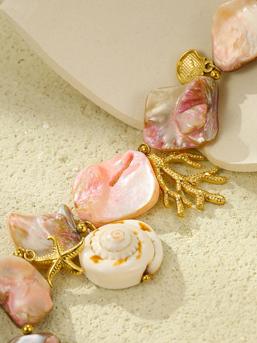 Beach Style Pink Shell Coral Stainless Steel Necklace  - By Qivii