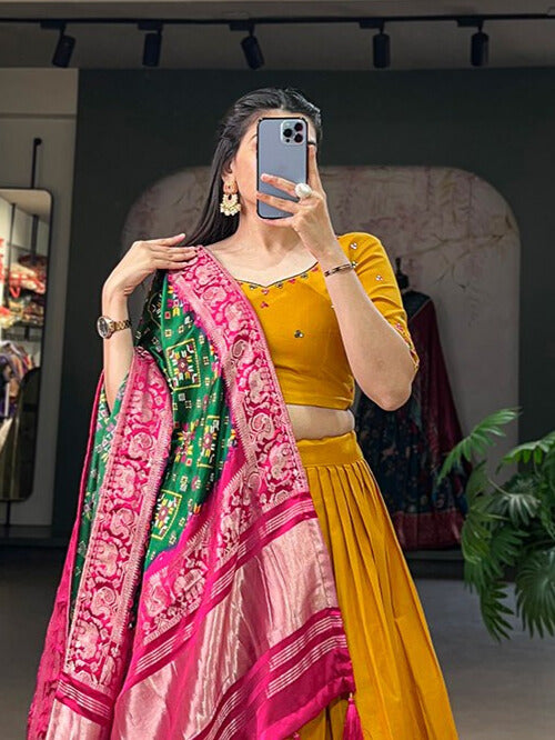 Pure Cotton Lehenga and the Lustrous Allure of Gaji Silk Dupatta in Mustard Color