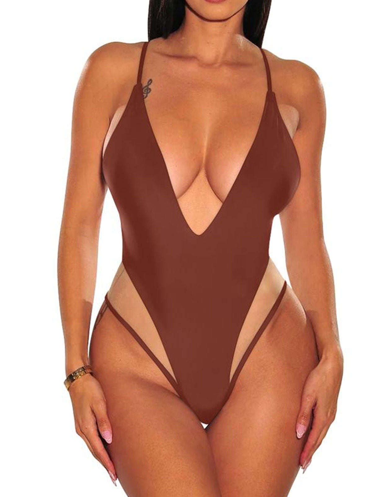 Sexy Mesh Splicing Spaghetti Strap Deep V Neck Shapewear Swimsuit  - By Qivii