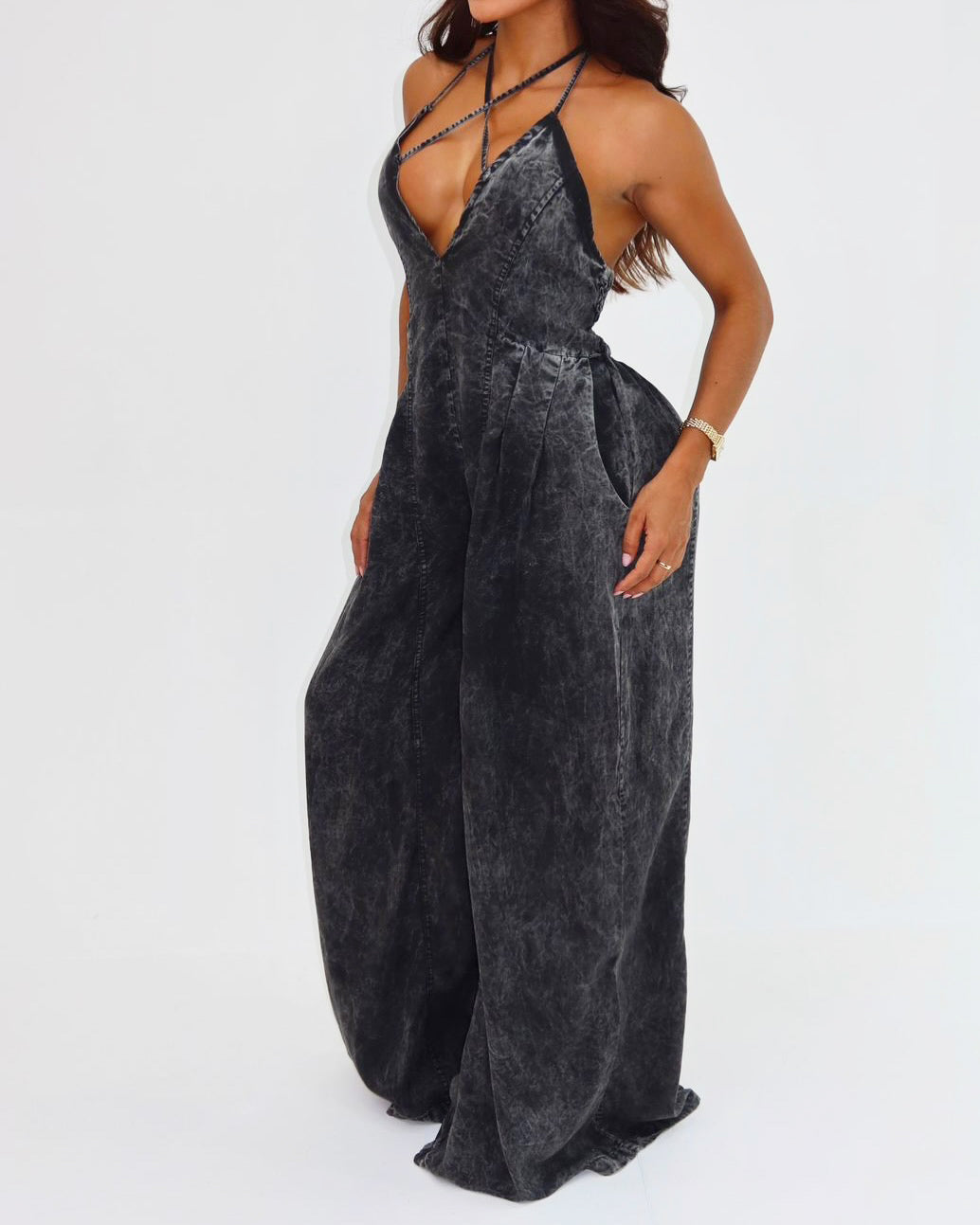 Criss Cross Halter Ruched Back Wide Leg Denim Jumpsuit  - By Qivii