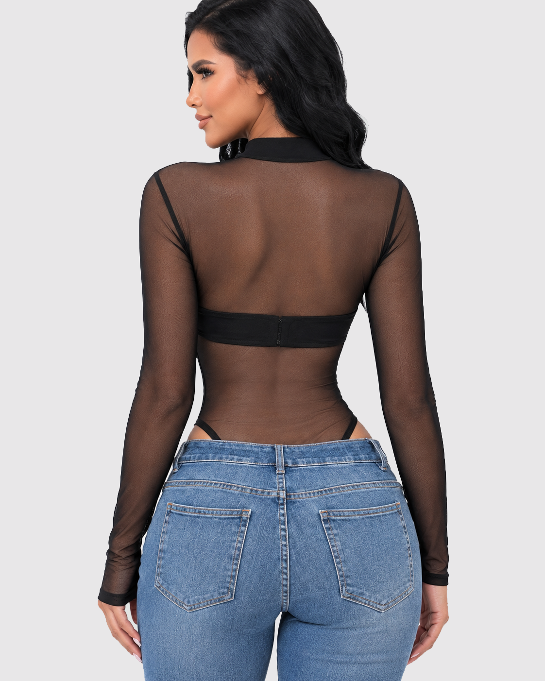 Black Snake Embroidery Mesh Long Sleeve Bodysuit