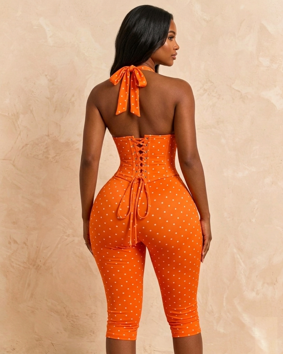 Hourglass Figure Body Shaper Waist Cincher Polka Dot Capri Jumpsuit Two-Piece Set  - By Qivii