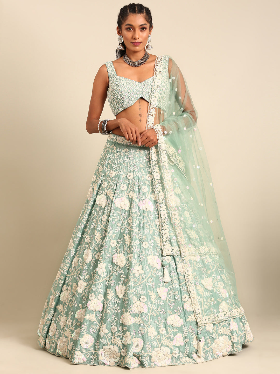 White Color Sequined Chinon Embroidered Stitched Lehenga choli