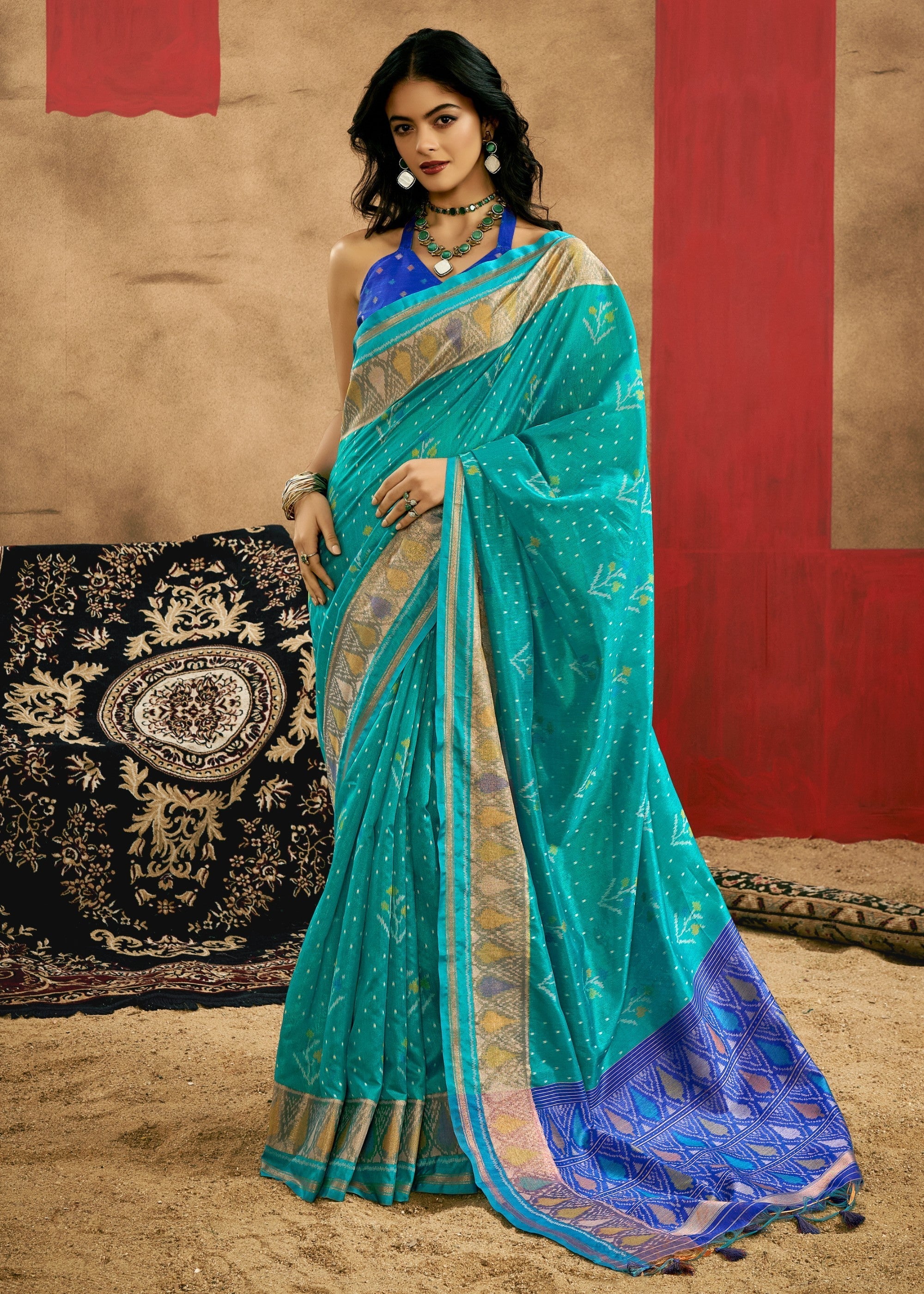Aqua Green Patola Handloom Weaving Silk Saree - qivii