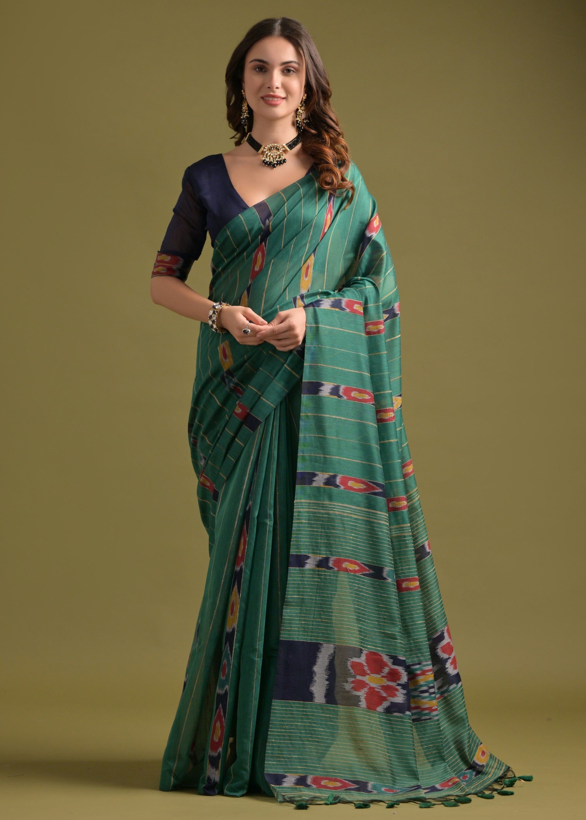 Jade Green Soft Ikkat Cotton Printed Saree - qivii
