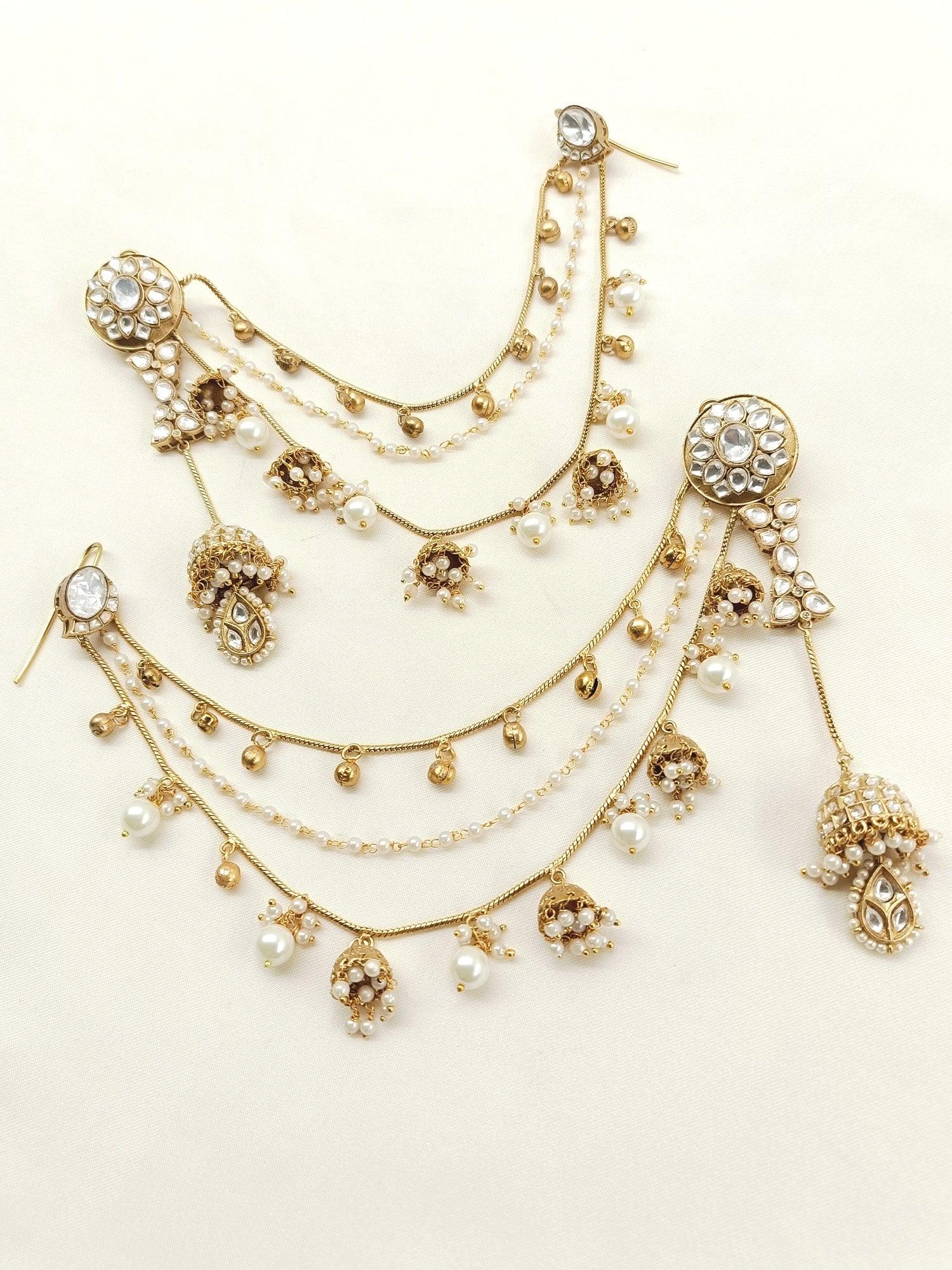Triguni White Kundan Jhumki With Ear Chain