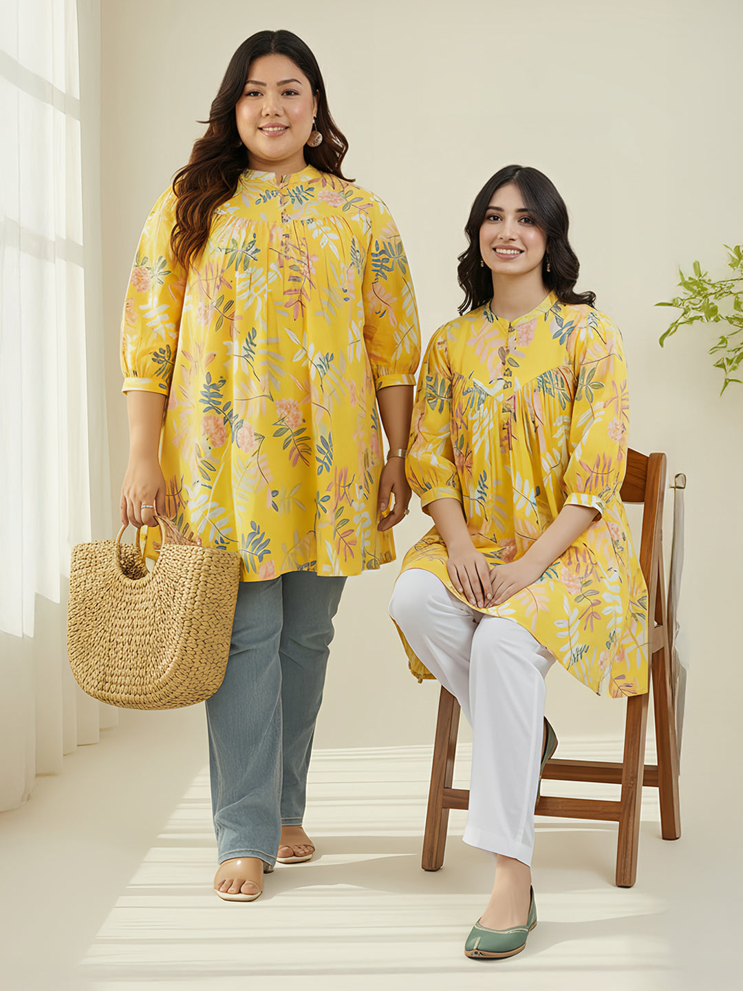 Plus Size Yellow Pure Cotton Tropical Printed A-line Tunic - qivii