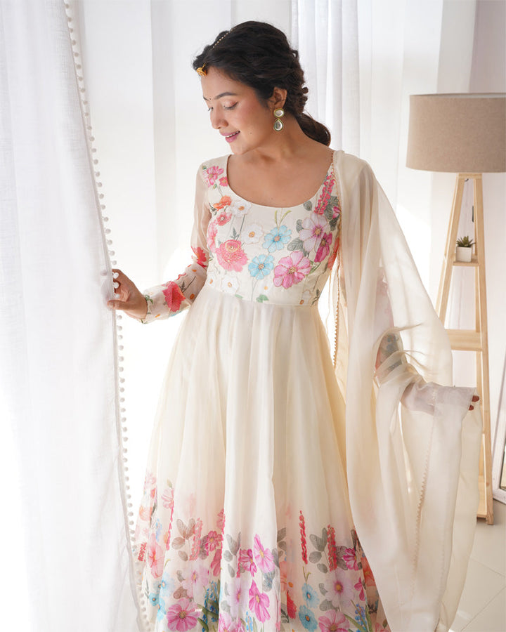 Off White Floral Print Organza Three Piece Anarkali Suit  - By Qivii