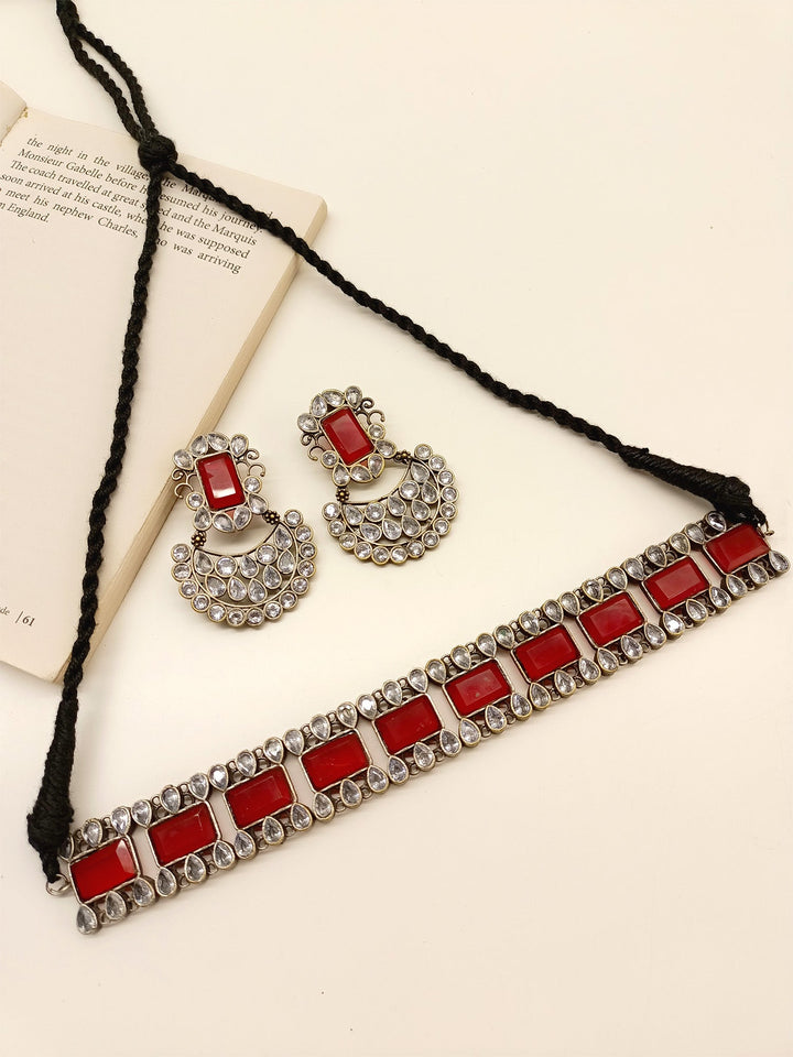 Annette Maroon Oxidized Choker Set