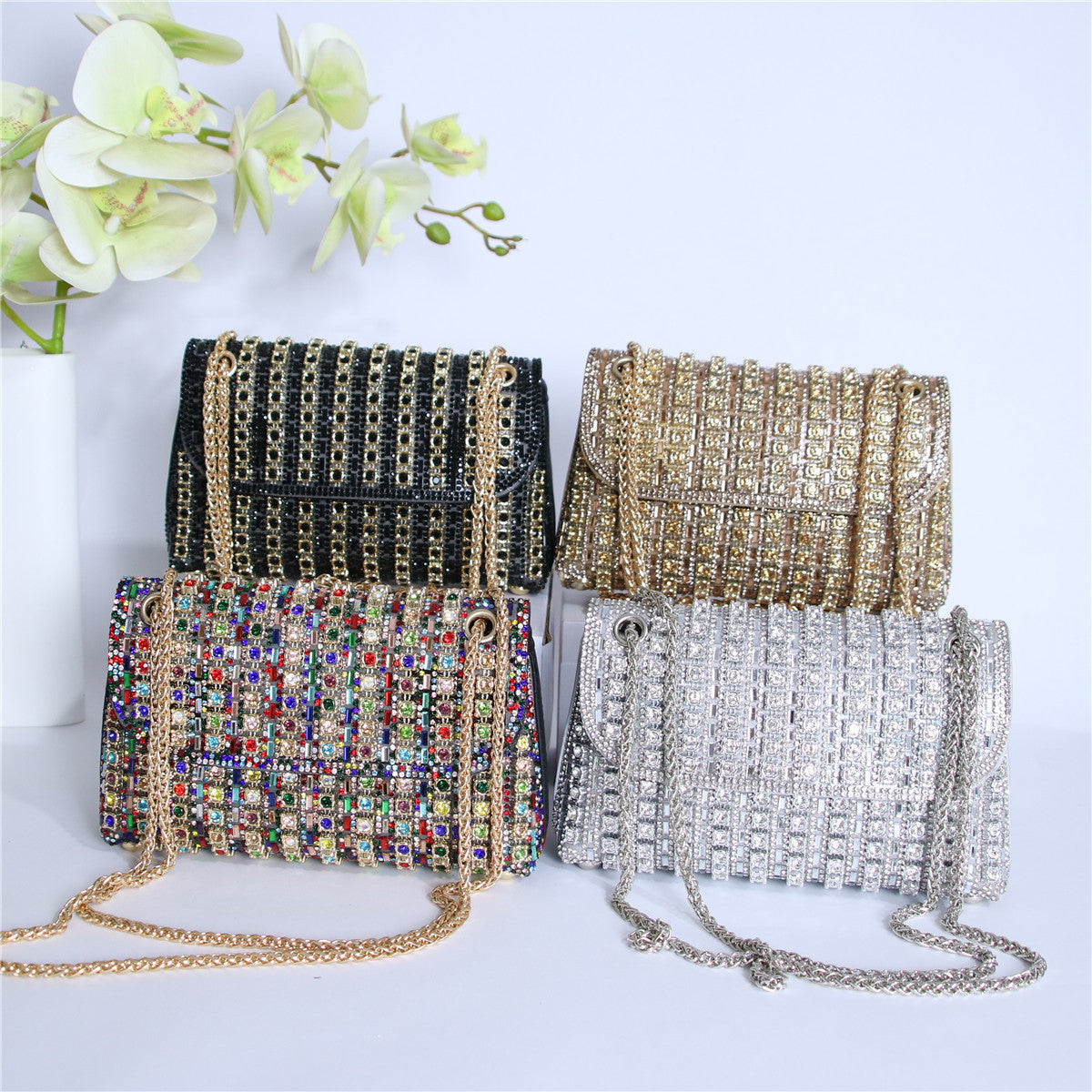 Women's Crystal-Embellished Evening Clutch – Women’s Adjustable Chain Strap Shoulder Bag for Galas, Parties & Luxury Events