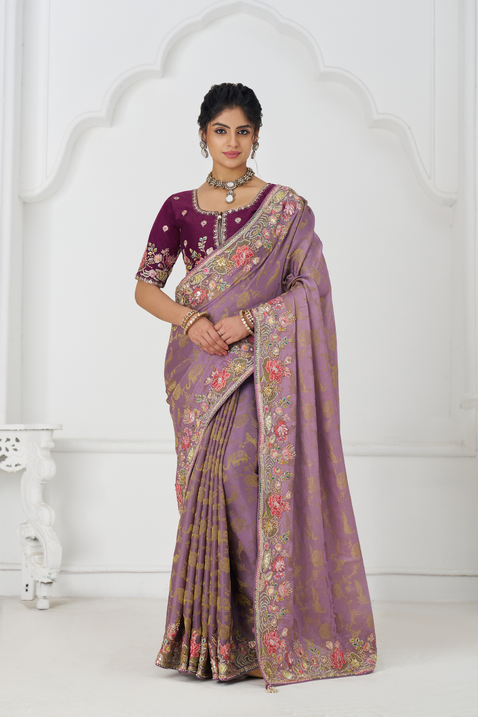 Bloom In Style: Mauve With Vibrant Thread Work & Floral Motifs - qivii