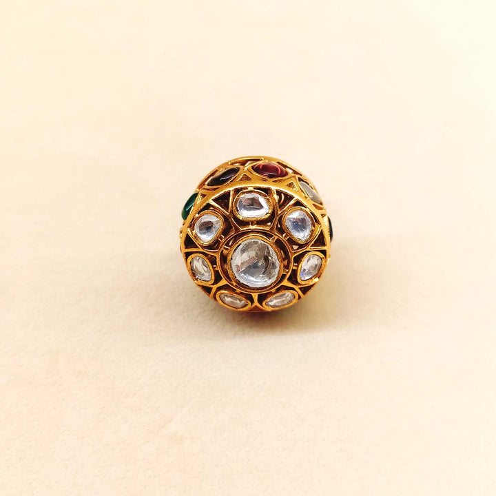 Elegant Heena Multi Colour Gold Plated Kundan Ring with Green and Blue Accents