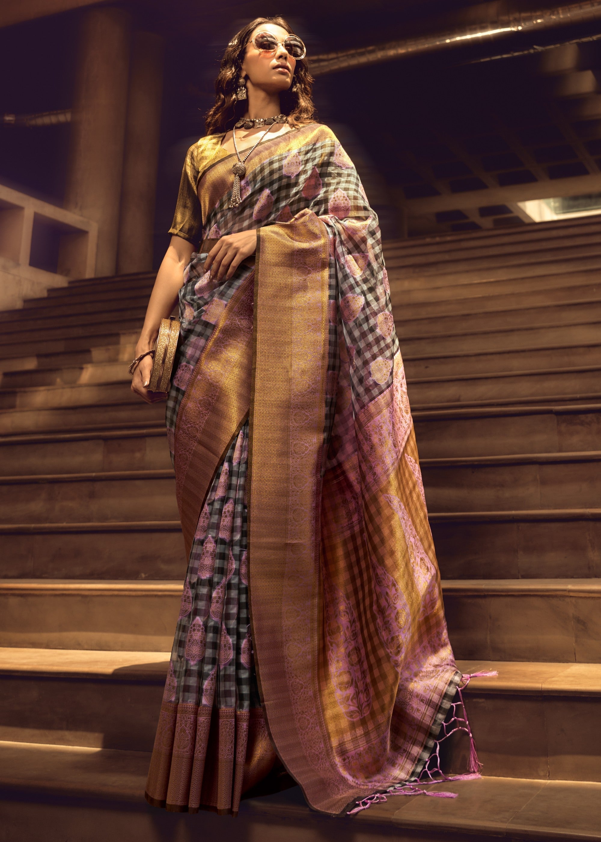 Purple Check Handloom Weaving Silk Saree - qivii