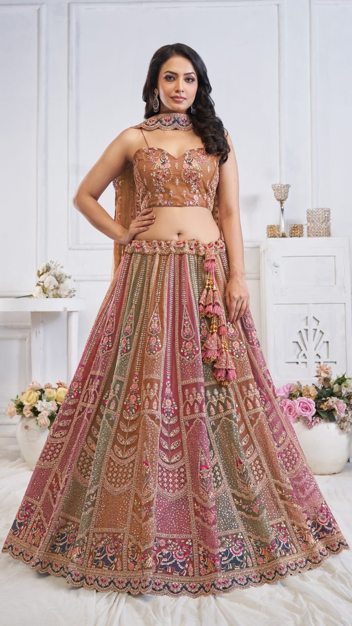 Multi-Brown Majestic Musatrd Zari Weaving Net Lehenga Choli With Dupatta