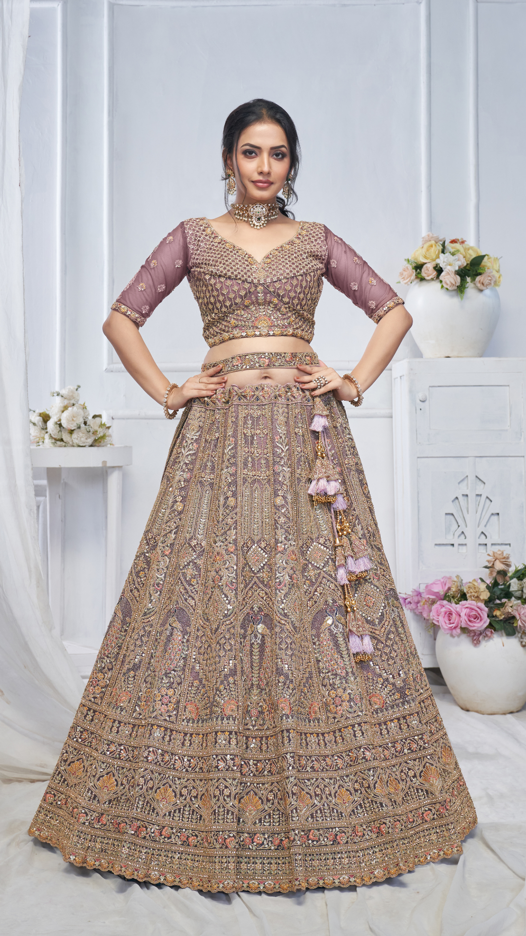 Royal Grandeur bridal  Purple Soft Net Lehenga with Paisley and Peacock Motifs & Heavy Embroidery