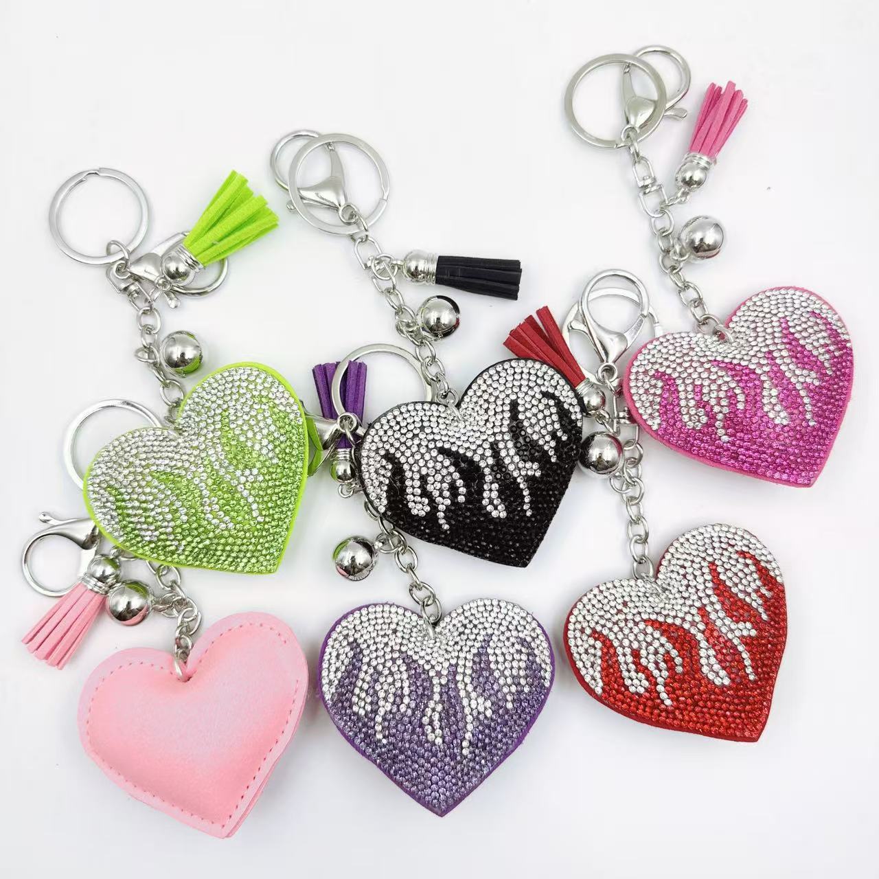 Ounamei Rhinestone Flaming Heart Keychain | Crystal Bling Tassel Bag Charm