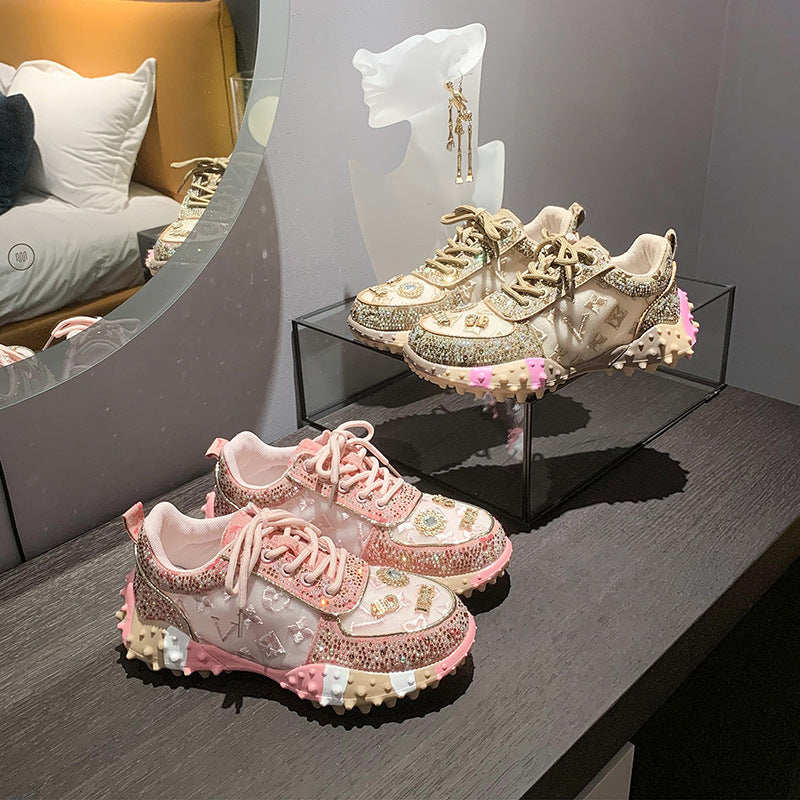 Women’s Lumira Embroidered Letter Mesh Platform Sneakers – Rhinestone Detail Chunky Sole Light Luxury Fashion Sneakers (US 4–10.5)