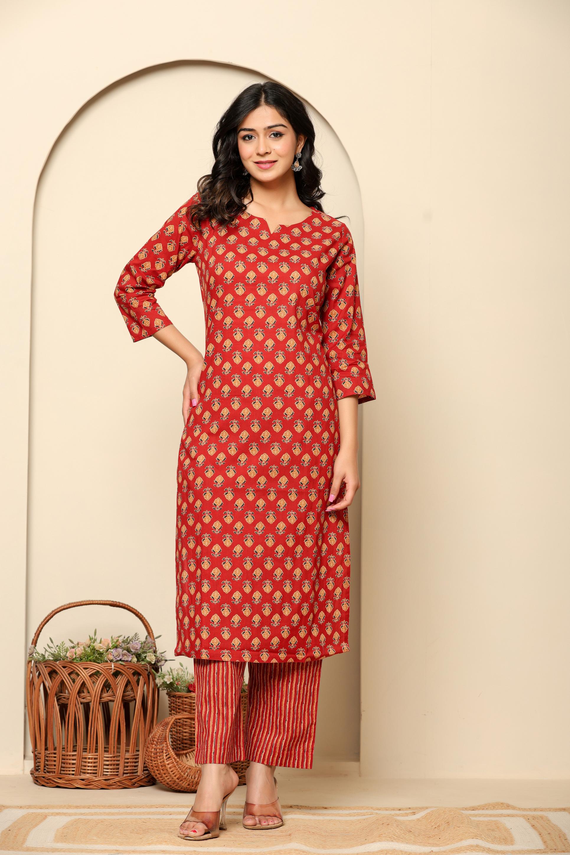 Red Printed Cotton Kurta Set - qivii