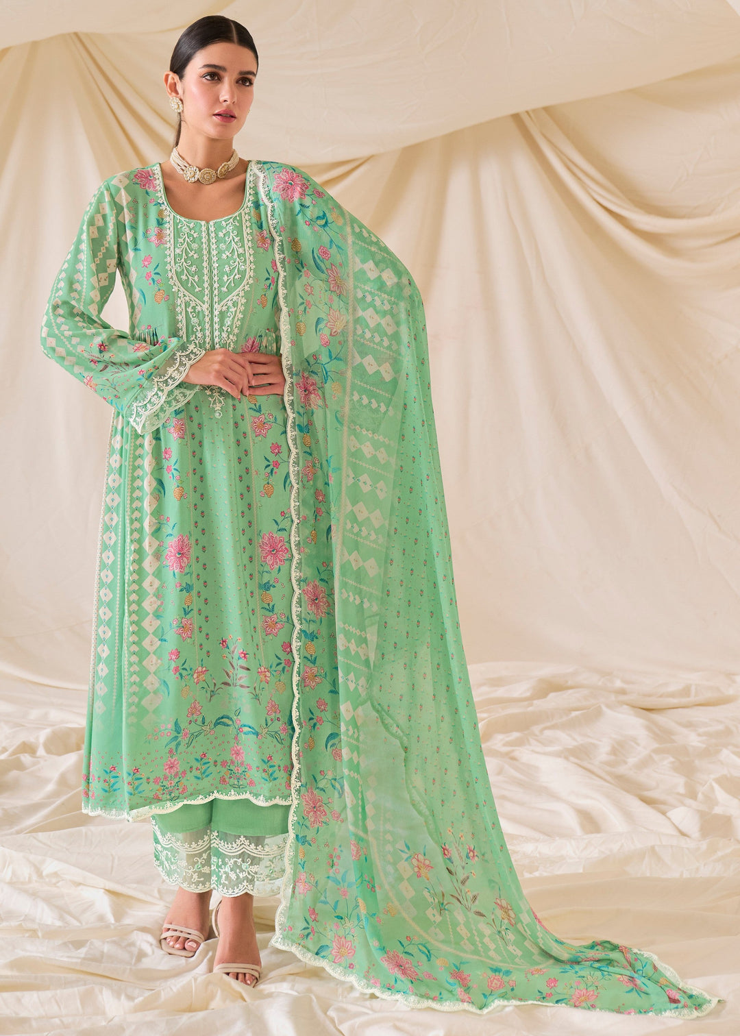 Green Pure Muslin Salwar Suit with Dori Embroidery for women