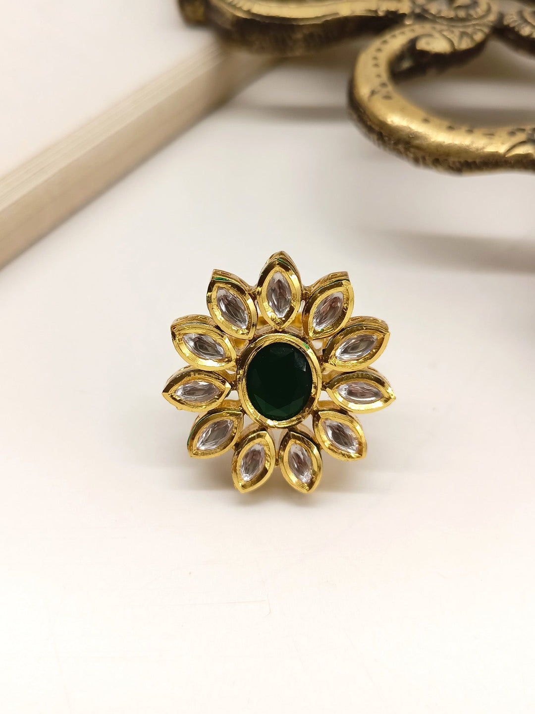 Beautiful Jaspinder Green Kundan Finger Ring with intricate gold detailing