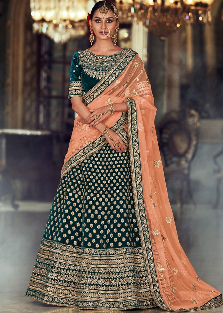 Dark Green Embroidered Designer Velvet Lehenga Choli: Top Pick