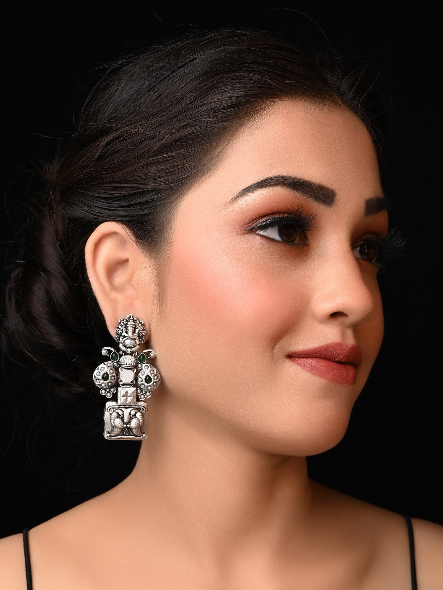 Avira Oxidised Contemporary Temple Earrings - qivii