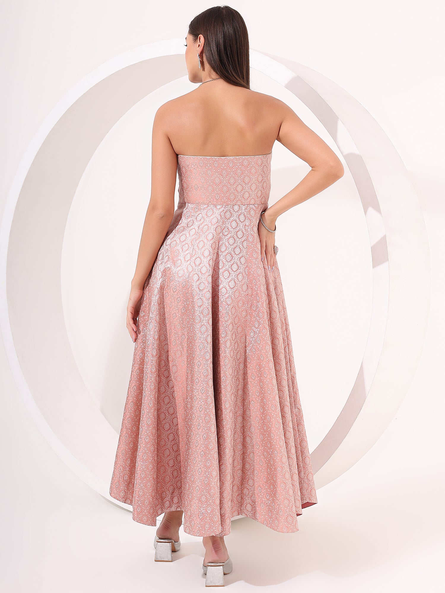 Peach Silver Brocade Anarkali Gown - qivii