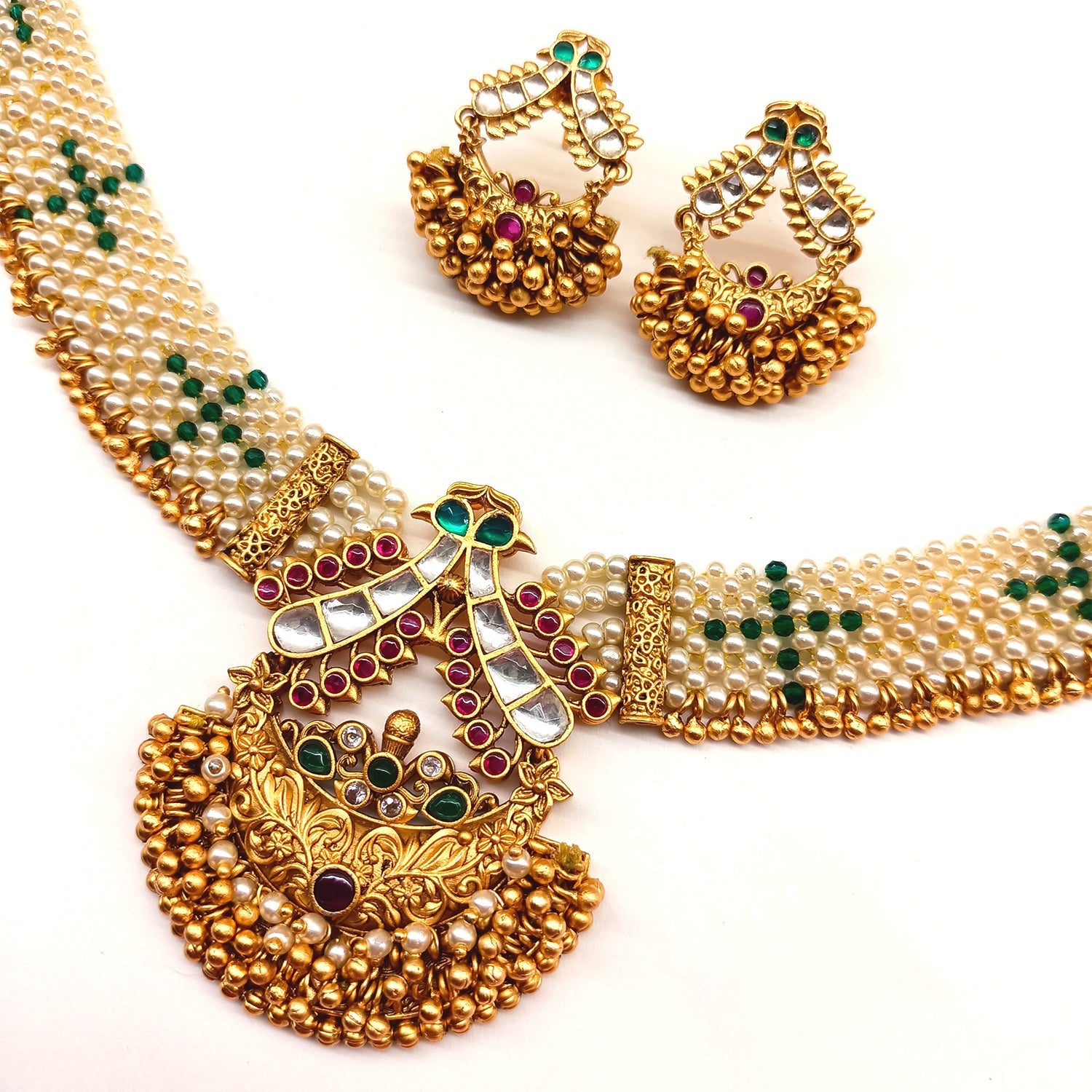 Adrika Rose Pink & Green Stone Temple Work Gold Plated Antique Set - qivii