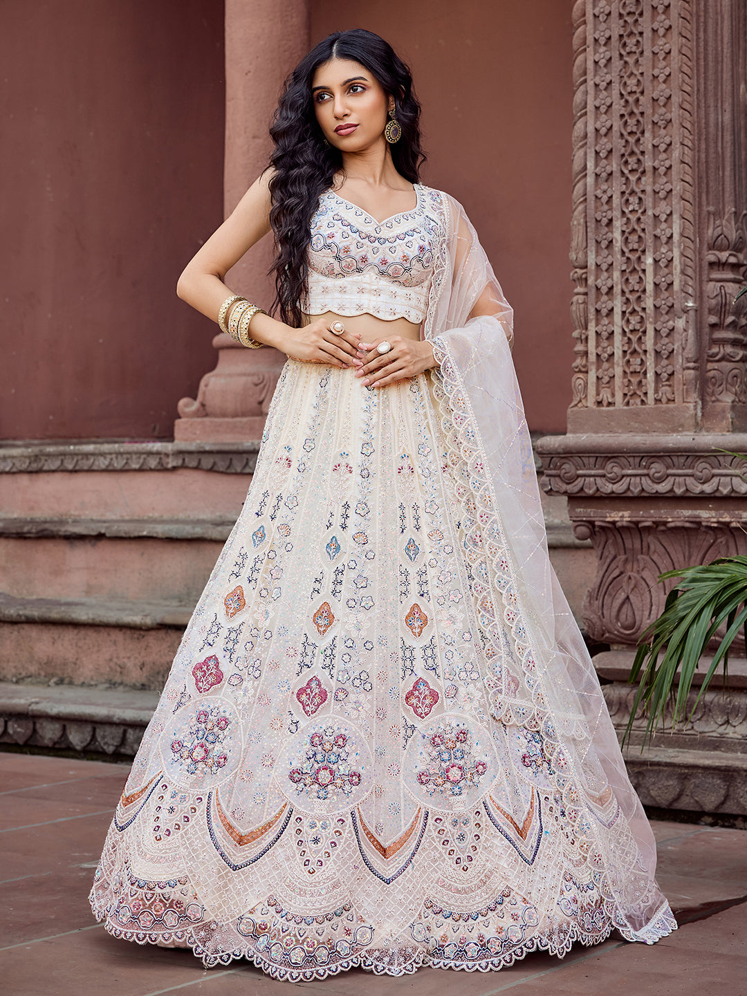 CREAM -Net Fabric Sequins embroidery Semi-Stitched Lehenga & Unstitched Blouse With Dupatta