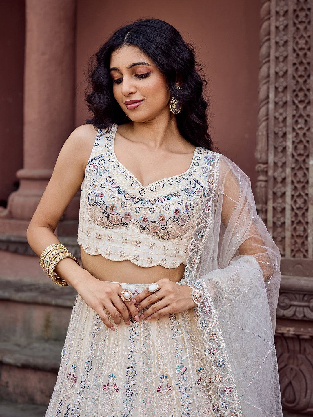 CREAM -Net Fabric Sequins embroidery Semi-Stitched Lehenga & Unstitched Blouse With Dupatta