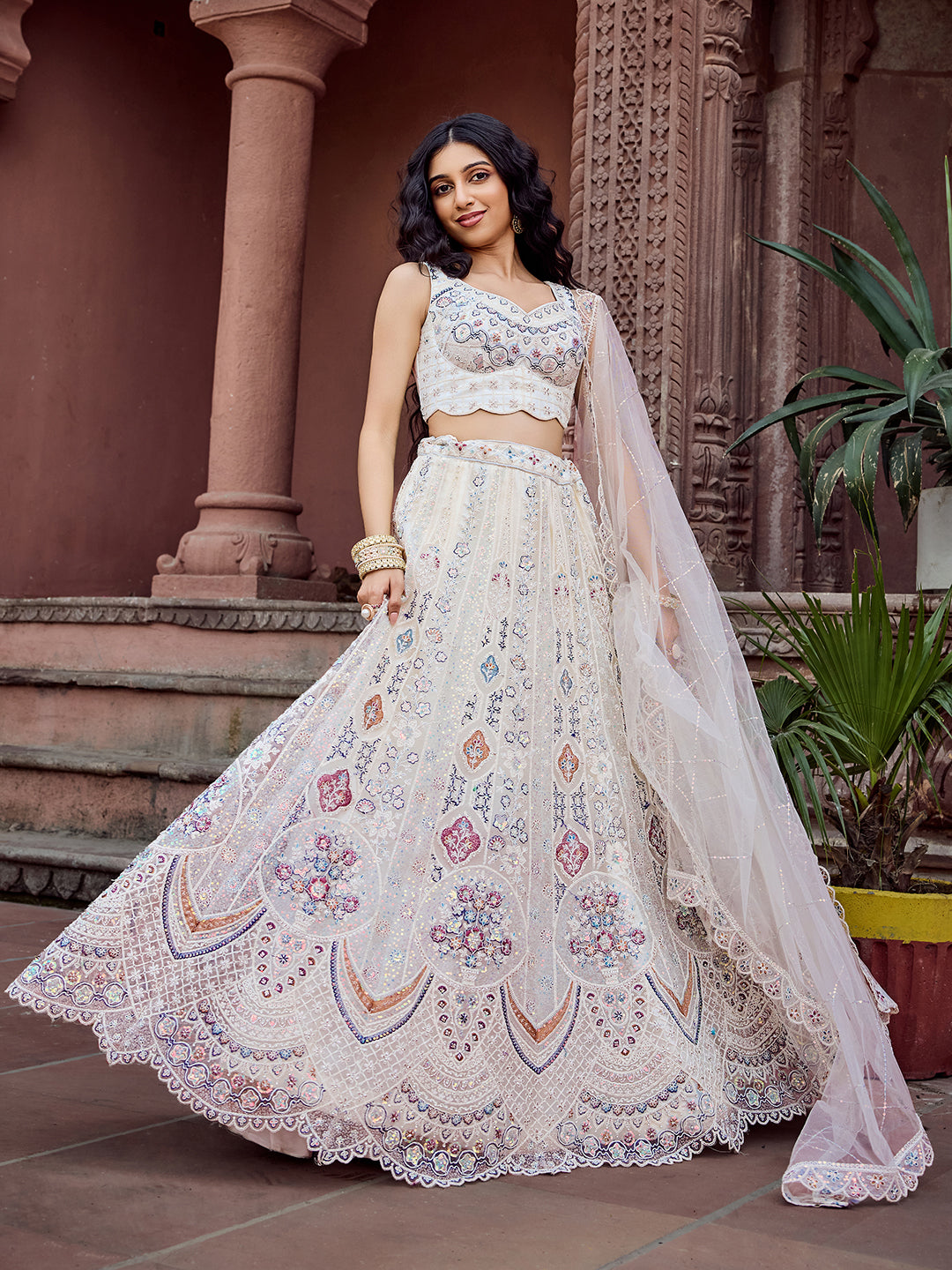 CREAM -Net Fabric Sequins embroidery Semi-Stitched Lehenga & Unstitched Blouse With Dupatta