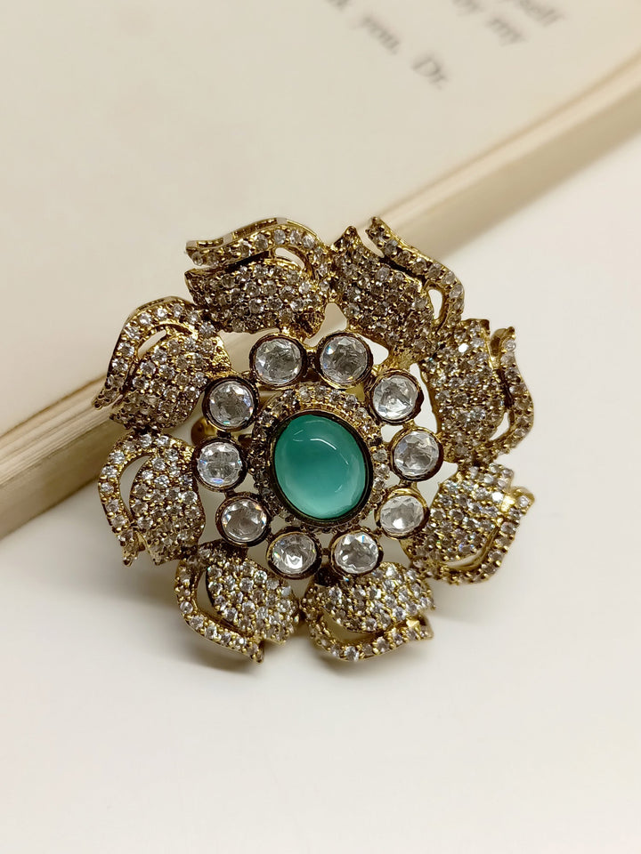 Vasuda Mint Green Victorian Finger Ring with intricate floral design and sparkling gemstone detail