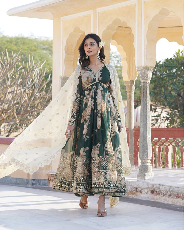 Designer Wedding Wear Printed Olive Green Color Gown With Dupatta - By Qivii