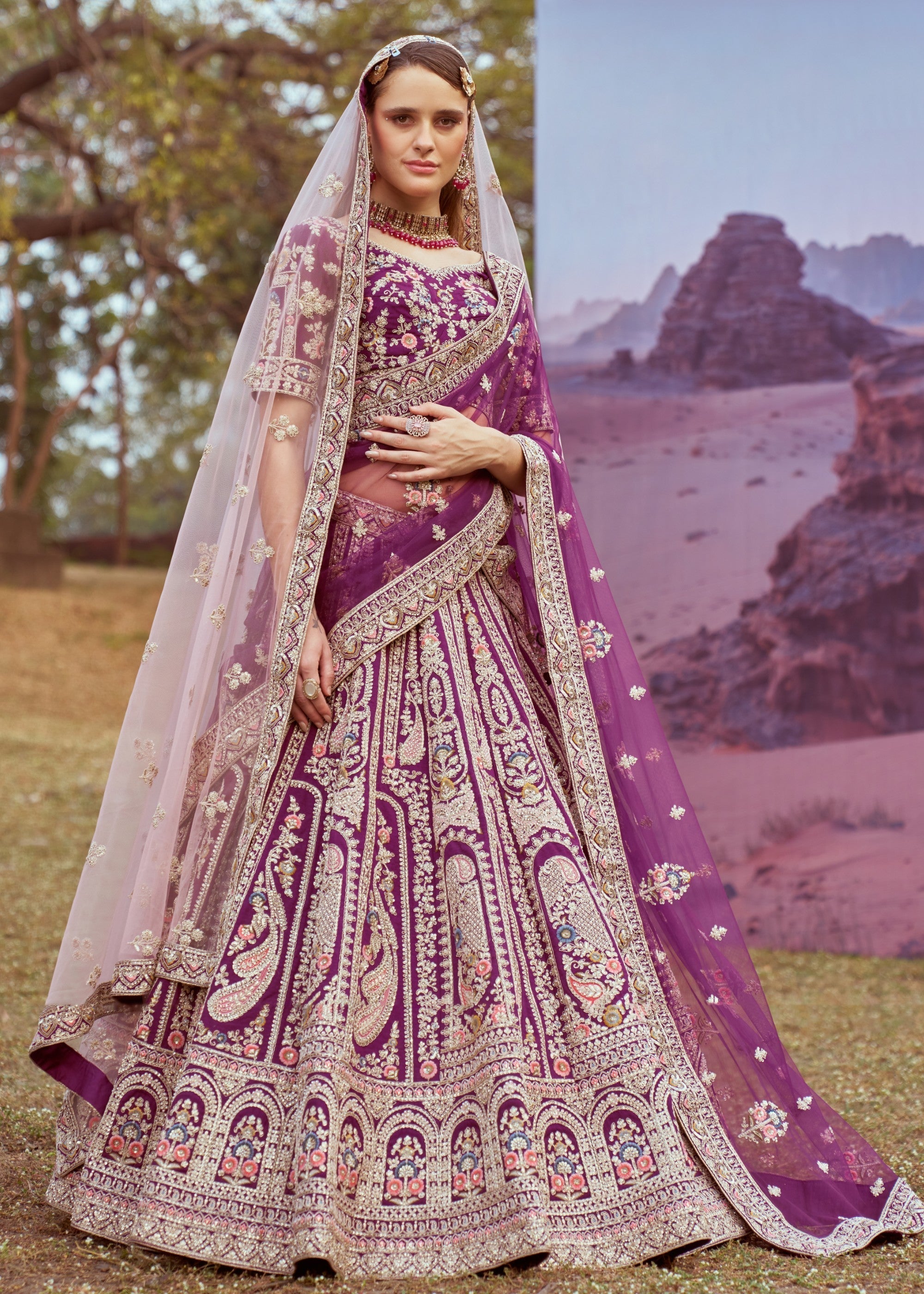 Purple Pure Silk Moti Coding Embroidery Bridal Lehenga | Ready To Wear - qivii