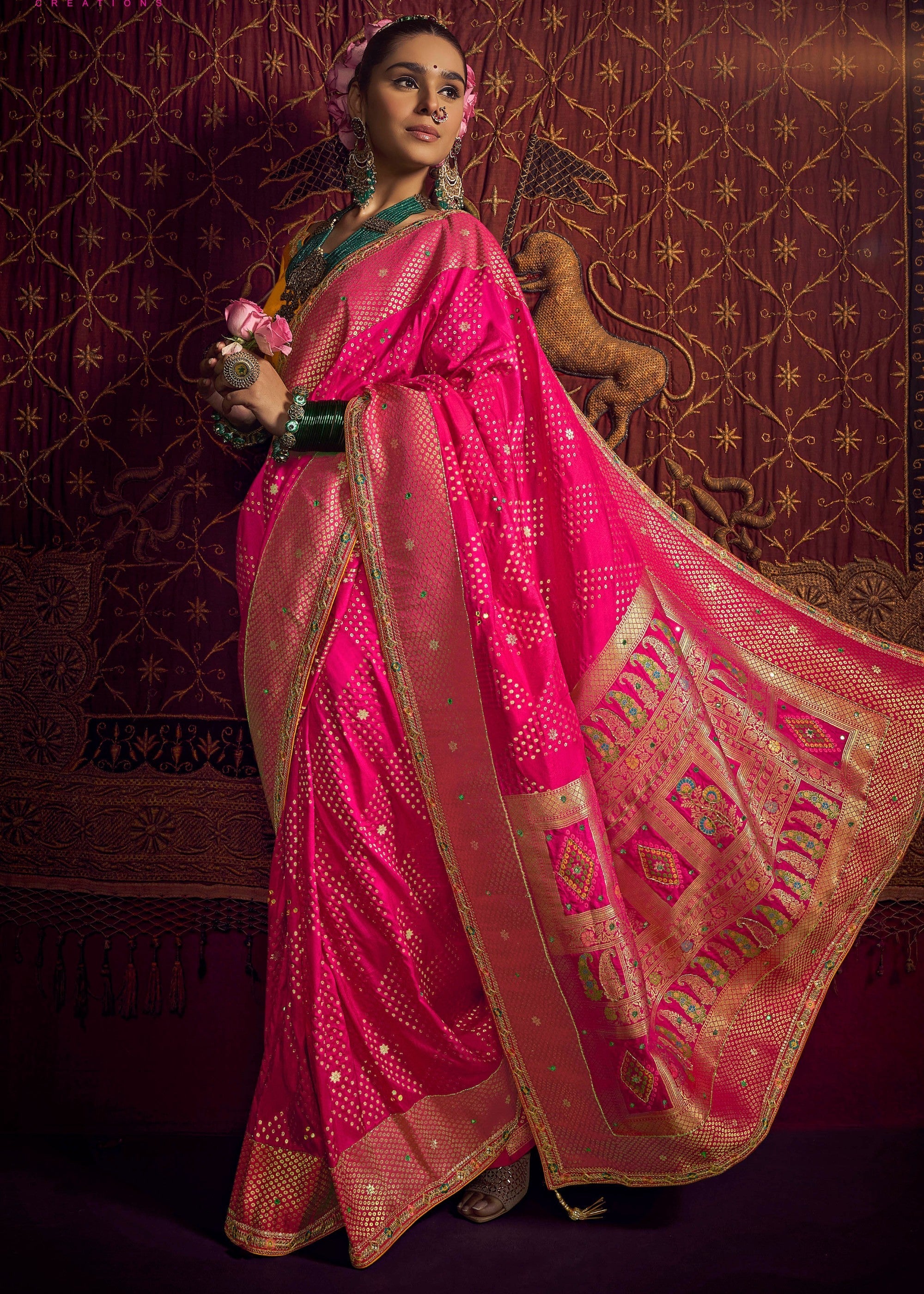 Brink Pink Pure Viscose Dola Silk Saree With Handwork On Blouse And Pallu - qivii