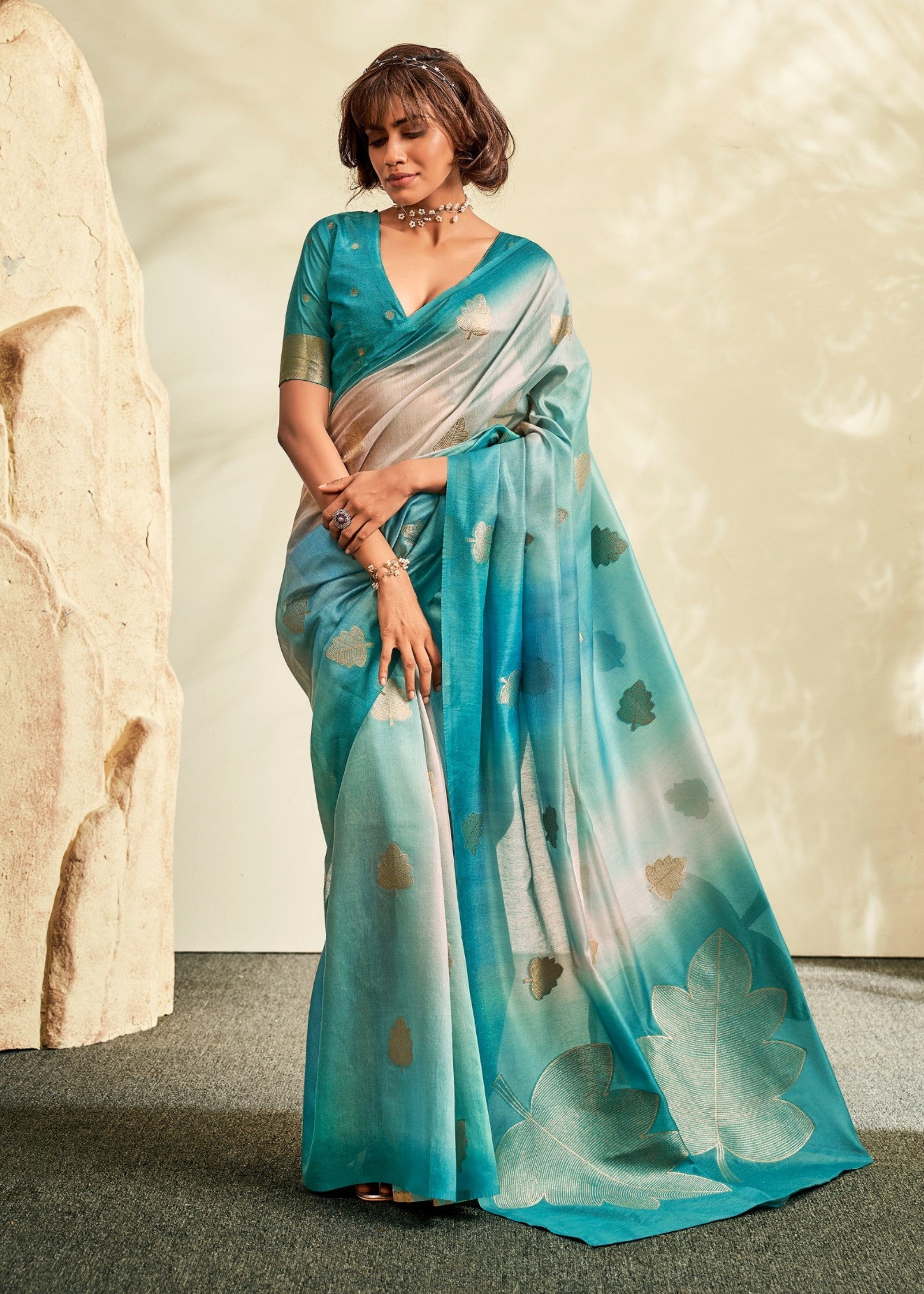 Turquoise Blue Handloom Khadi Silk with Digital Print - qivii