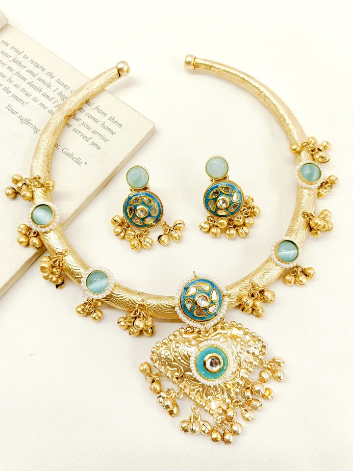 Jodha Firozi Oxidized Hasli Style Necklace Set