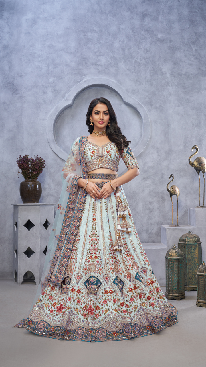 Sky Blue Lehenga with Zari Paisley Embroidery, Silk Patches, and Regal Peacock Motifs