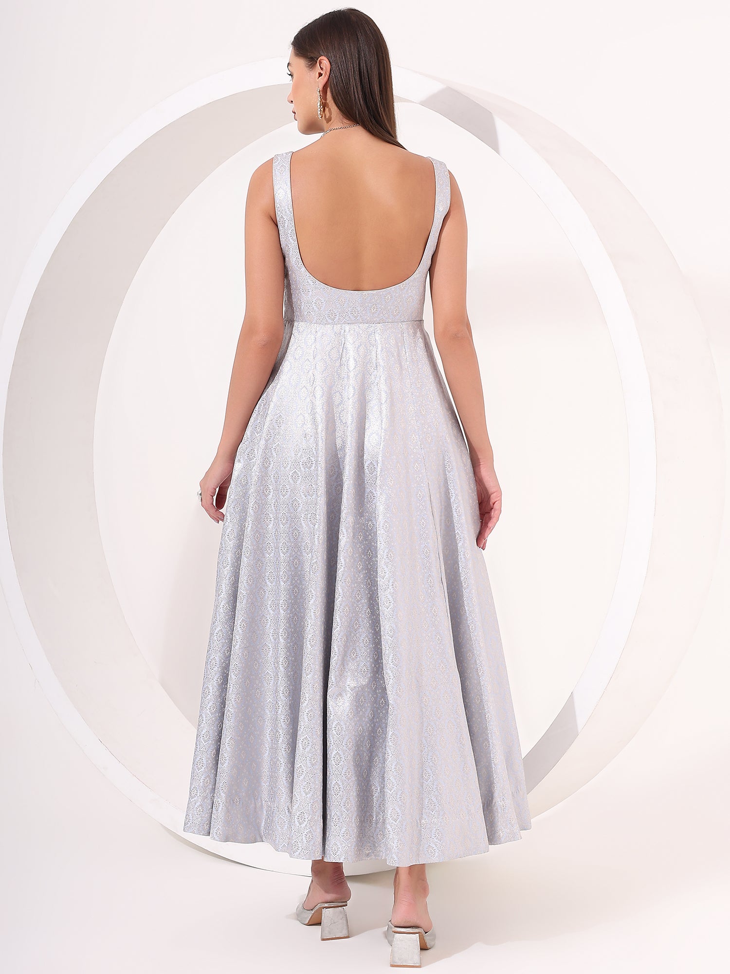 Powder Blue Silver Brocade Anarkali Gown - qivii