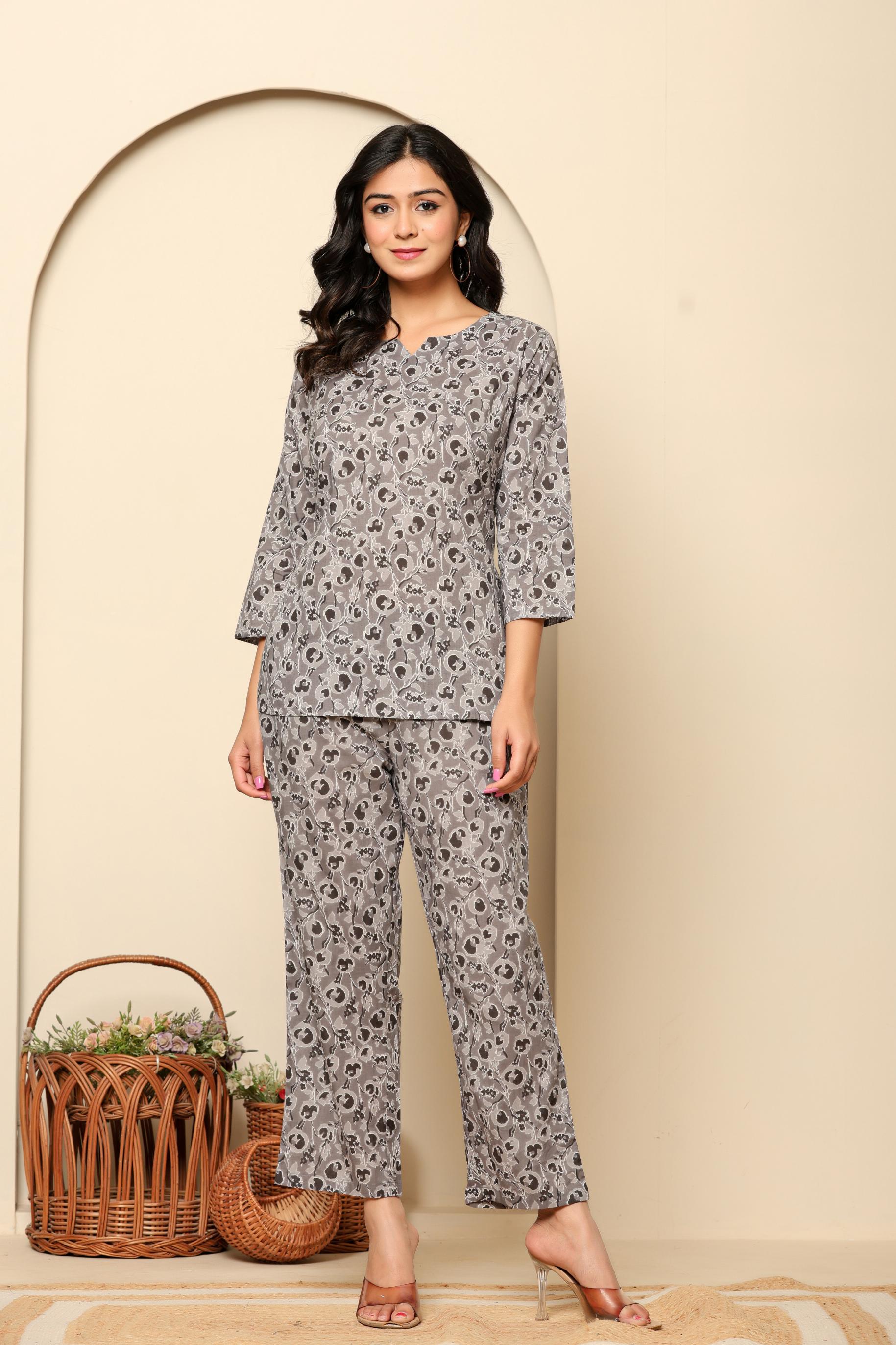 Grey Printed Cotton Coord Set - qivii